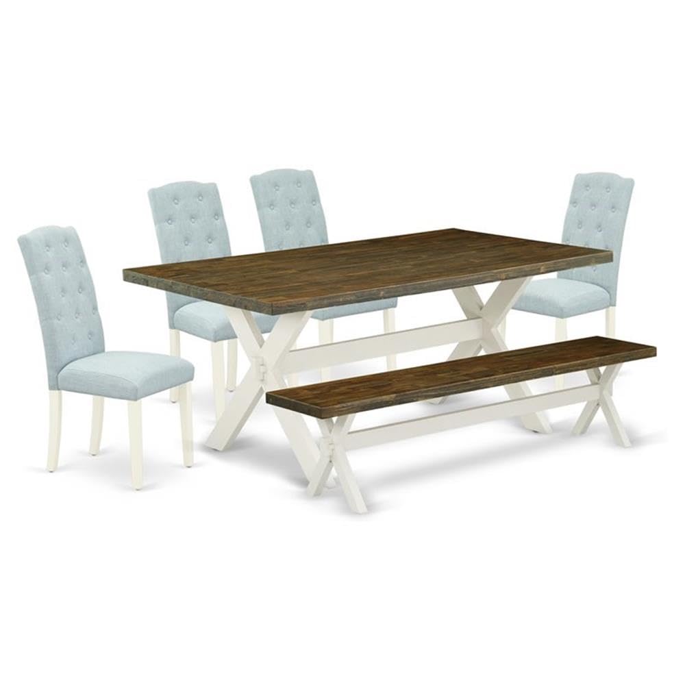 East West Furniture X077Ce215-6 6 Piece Dining Table Set Contains A Rectangle Dining Room Table And 4 Baby Blue Linen Fabric Parson Chairs With A Bench, 40X72 Inch, Multi-Color